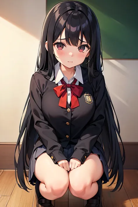 A 16-year-old high school girl with long black hair and wearing a school uniform, squatting down and opening her legs while shedding tears.