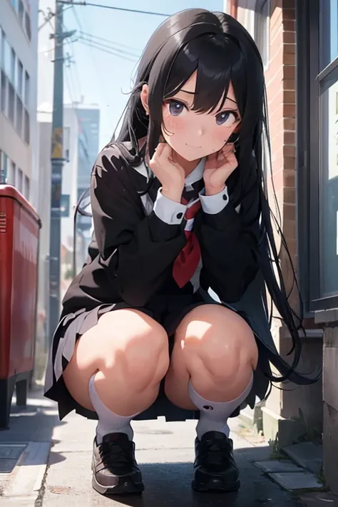 A 16-year-old high school girl with long black hair and wearing a school uniform, squatting down and opening her legs while shedding tears.