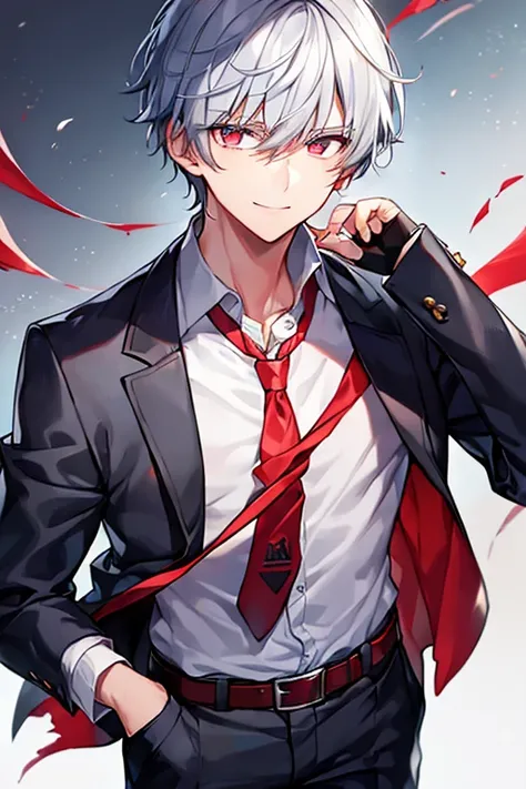 1boy, necktie, red necktie, white shirt, pants, blue pants, school uniform, black eyes, gray hair, grey hair, very short hair, smile, school uniform, belt, fingerless gloves, scar, torn clothes, glowing eyes, blood, dark persona