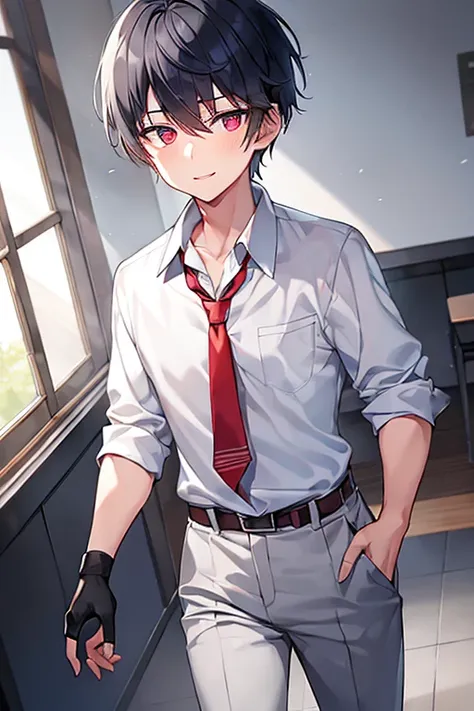 1boy, necktie, red necktie, white shirt, pants, blue pants, school uniform, black eyes, gray hair, grey hair, very short hair, smile, school uniform, belt, fingerless gloves, scar, torn clothes, glowing eyes, blood, dark persona