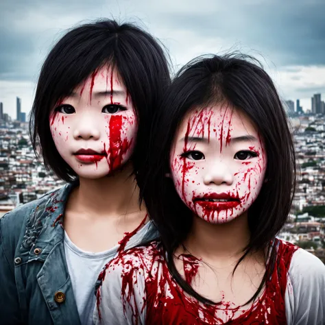 Asian girl with blood on her face, pelo despeinado, ojos rojos, with a ruined city behind