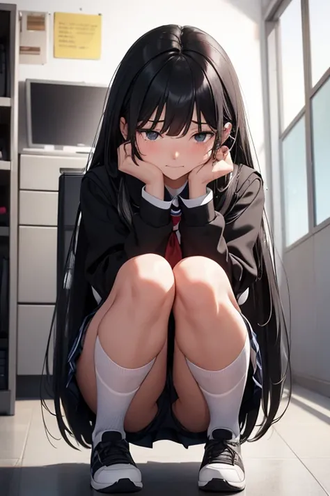 A 16-year-old high school girl with long black hair and wearing a school uniform, squatting down and opening her legs while shedding tears.