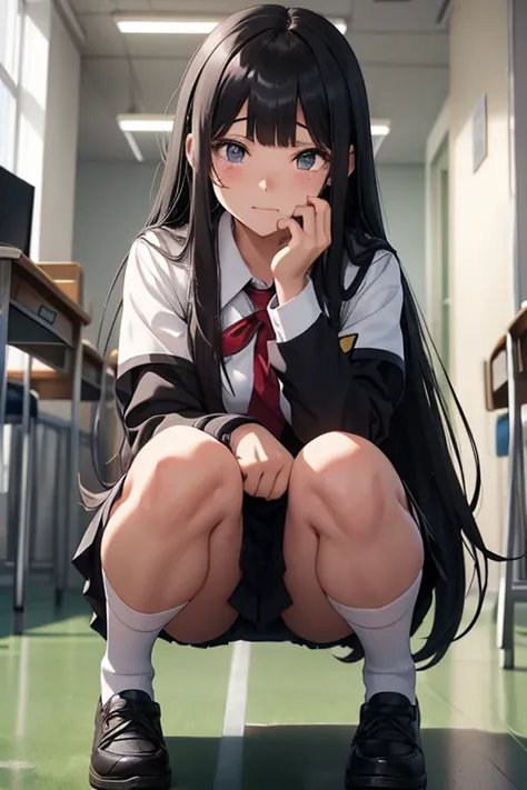 A 16-year-old high school girl with long black hair and wearing a school uniform, squatting down and opening her legs while shedding tears.