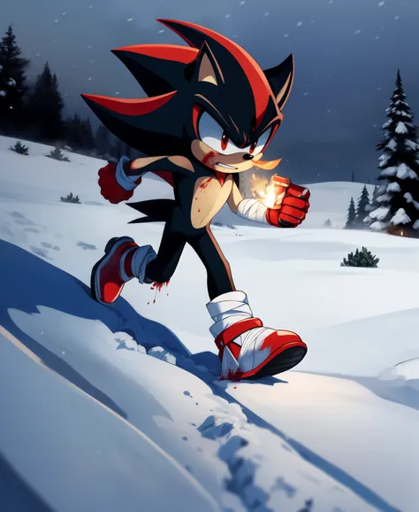 Shadow the hedgehog, running through snow, blizzard, injured legs, bandaged arms, holding lighter, blood on the snow, darker sky