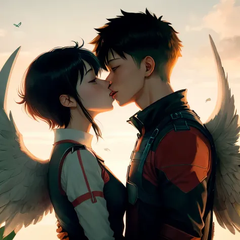 Katsuki bakugo and black haired girl with wings kissing