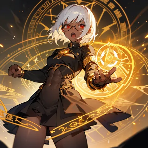 masterpiece,ultra detailed,high quality,girl,(glasses),((white hair)),(short hair),((black inner)),((((many magic circle)))),(((black dress))),((gold gauntlet)),1girl,solo,((black tights)),((red eyes)),((opened mouth)),((cowboy shot)),(((abs,muscle))),((da...