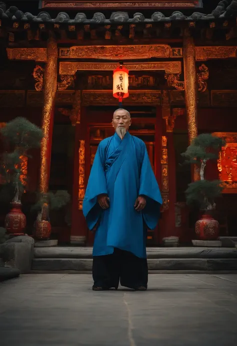 A Taoist priest with immortal demeanor，Wearing a blue Taoist robe in a Taoist temple