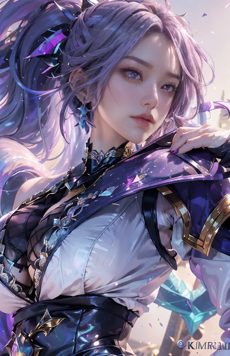 Irelia in League of Legends, KDA Irelia ((realistic raytraicing, Best quality at best, 8K, tmasterpiece :1.3)), self-shot, 1个Giant Breast Girl, A beautiful woman with a perfect body :1.4, Abs :1.1, (light violet hair, gigantic cleavage breasts :1.5), Arabi...