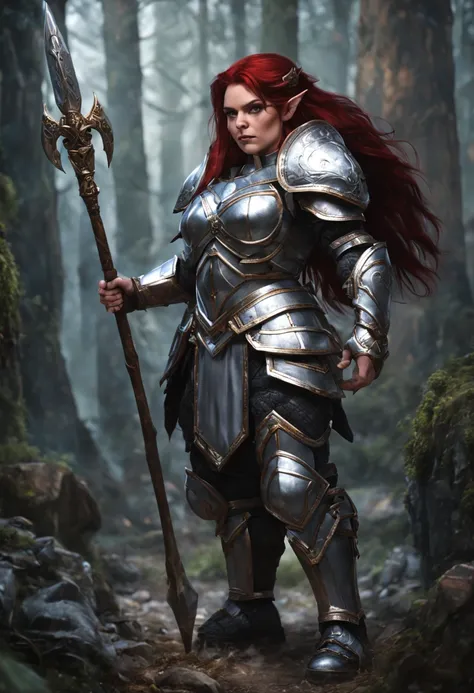 a dwarf female with dark-red hair, wearing silver armor, large breasts, full body pose, holding a silver staff