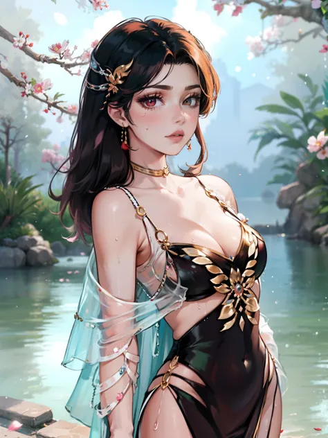 Loose clothing、cropped shoulders、Dark string dress、How to wear a black dress、Decorated with intricate patterns and bright colors、transparent materials，Makes skin shiny、The artwork depicts seductive female dresses wearing damp cloth and transparent skin, Fl...