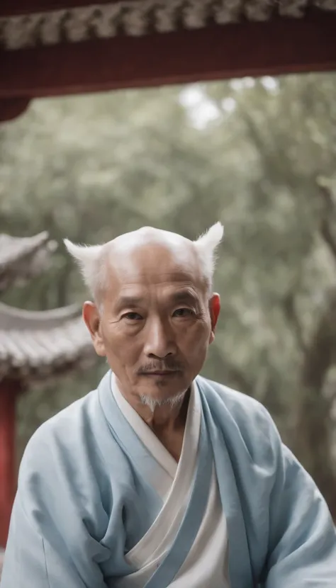 An old Taoist priest，Wearing light blue gi，In the Taoist temple。There is a little white tiger beside me