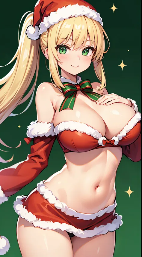 1 girl, game cg, Santa suit, shoulders visible, cleavage visible, belly button visible, Santa hat, gigantic breasts, blonde, middle hair, side ponytail, green eyes, Christmas background, smile, dynamic,