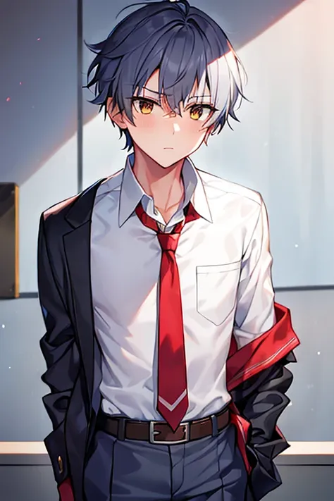 1boy, necktie, red necktie, white shirt, pants, blue pants, school uniform, black eyes, gray hair, grey hair, very short hair, serious, forehead, school uniform, belt, fingerless gloves, scar, torn clothes, yellow eyes,