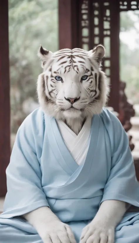 A Taoist priest wearing light blue，Wearing Taoist uniforms and sitting in a Taoist temple to meditate，There is a little white tiger lying next to him