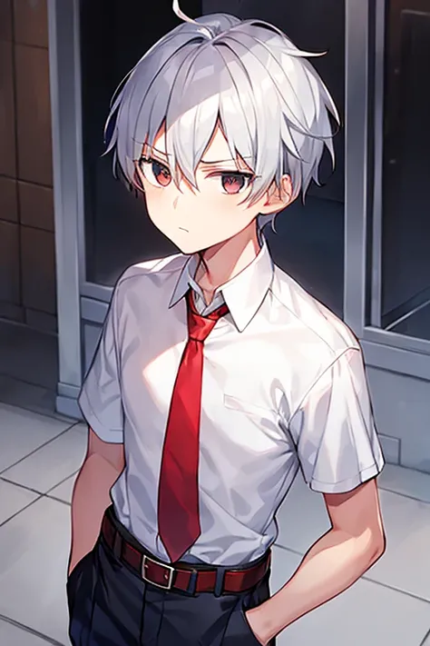 1boy, necktie, red necktie, white shirt, pants, blue pants, school uniform, black eyes, gray hair, grey hair, very short hair, serious, forehead, school uniform, belt, fingerless gloves, scar on face, torn clothes, yellow eyes, scar