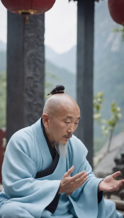 Taoist priest wearing light blue clothes，Wearing a costume，Sitting in a Taoist temple and meditating，