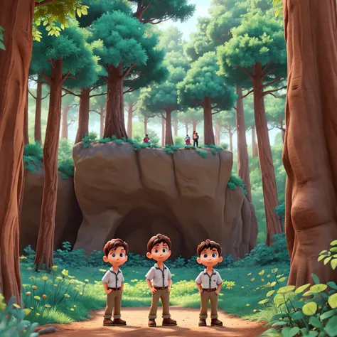 Three boys adventuring in a disney pixar style forest