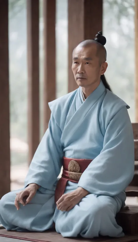 Taoist priest wearing light blue clothes，wearing a costume，Sit in a Taoist temple，