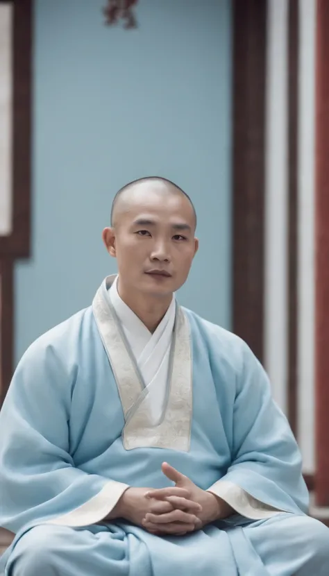 Taoist priest wearing light blue clothes，wearing a costume，Sit in a Taoist temple，