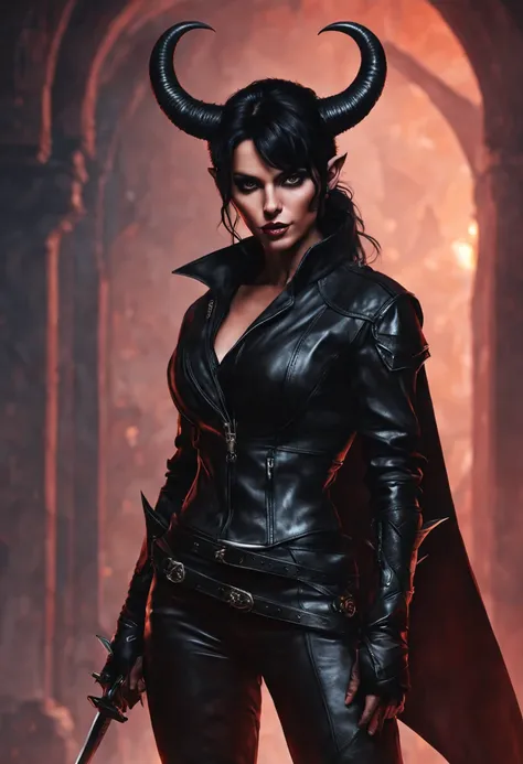 a female tiefling with black hair, wearing leather outfit, full body pose, holding steal daggers,