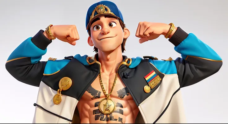 a 25 year old young man showing the muscles with open arms wearing a coat and a cap with a gold cord and gold rings and a gold bracelet on his right arm.