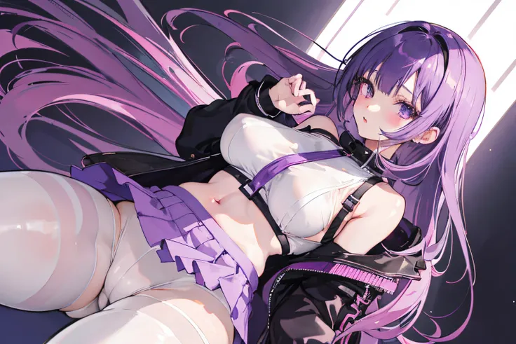 ((Great Quality)), (Detailed), Anime girl, 1 girl, long purple hair, half naked, sexy, wearing skirt pantyhose and croptop, medium big breasts, big ass facing viewer, Strong white highlights, high saturation, high res, ultra sharp, 8k, masterpiece, looking...