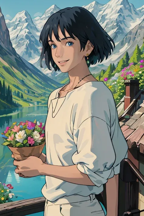 (Best Quality), (masutepiece), (Solo), Detailed eyes, 1boy, Black hair, Blue eyes, White shirt, Jewelry, earrings, Short hair, Black pants, Flowers, lake, mountainscape, Trees, Smiling,