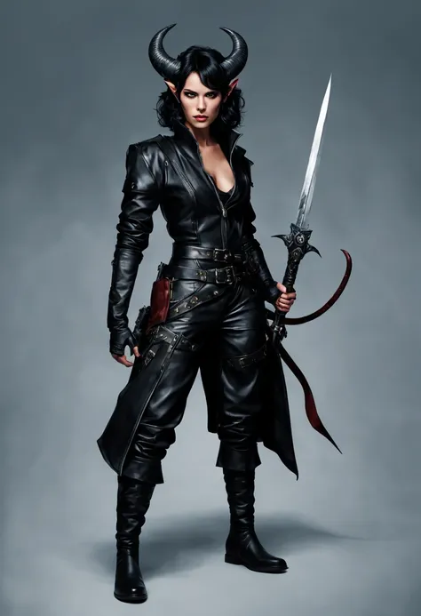 a female tiefling with black hair, short horns, wearing leather outfit, full body pose, holding steal daggers,