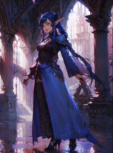 tmasterpiece， （Elf Girl，blue beautiful hair，a pink eyes，Long skirt in dark red color，slanted bangs，pigtails，double-ponytail，Twist braids）magia，crystal， number art， mistic， Ethereal，  intricately details， vivd colour ，stand posture，  doors， Fantasyart，独奏，el...