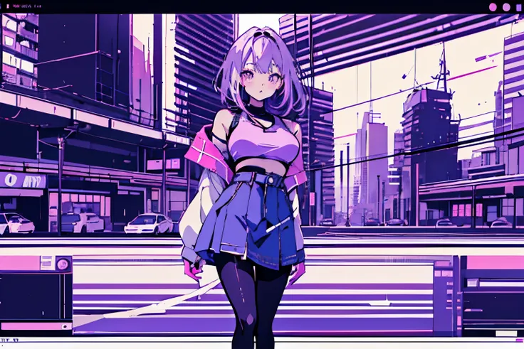 ((Great Quality)), (Detailed), Anime girl, 1 girl, long light purple hair, half naked, sexy, wearing pantyhose and croptop, medium big breasts, Strong white highlights, high saturation, high res, ultra sharp, 8k, masterpiece, looking at viewer, vaporwave, ...