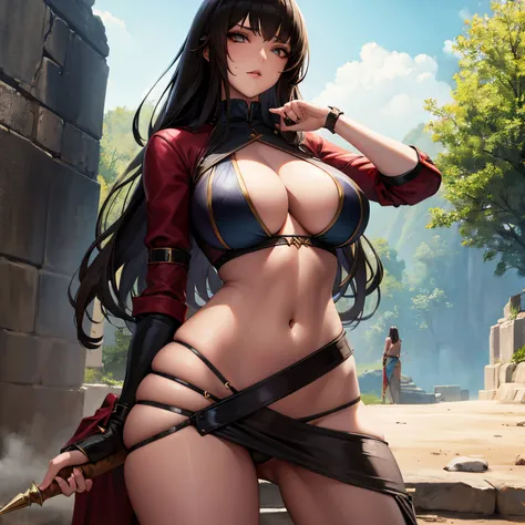 femele，brunette color hair，bandit leader，skimpy clothing，Deep V, big breasts and thin waist，Wide hips