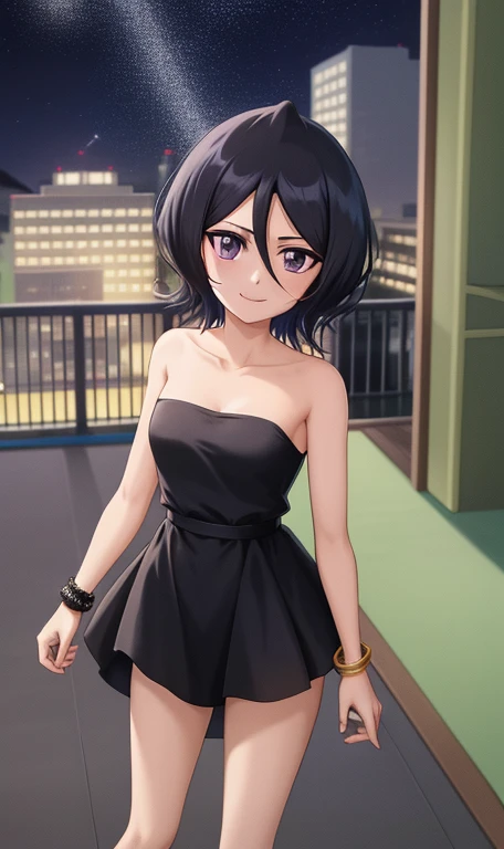 anime screencap, cityscape background, dim lights, rooftops, balcony, veranda, night falls, stars sparkling, 1 girl, solo, smile, short hair, black hair, purple eyes, hair between eyes, bare shoulders, bare neck, standing, black dress, strapless tube dress...