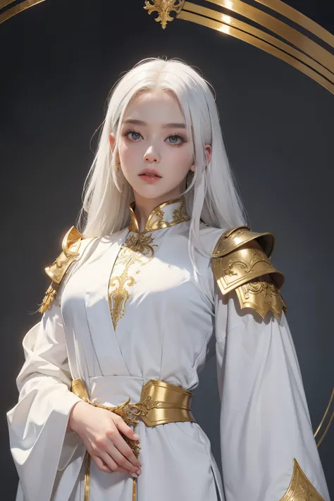 top-quality、​masterpiece、white  hair、Gold Eye、white  clothes、look up to、The upper part of the body、light skinned、Metalic armor combined with silk robes、Looking diagonally up