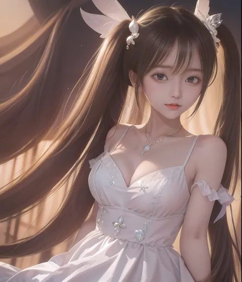 1Girl, Solo, jewellery, necklaces, looking up at viewer, Long hair, twintail, realisitic, bangss, Hair ornaments, lip, 鎖骨, closed mouth, Brown hair, butterfly hair ornament, White dress, large full breasts, pectorals, upper half body, Smile