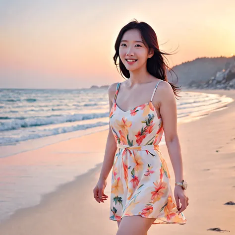 a photorealistic image of a young and adorable korean woman walking along a sandy beach during sunset. she should be wearing a c...