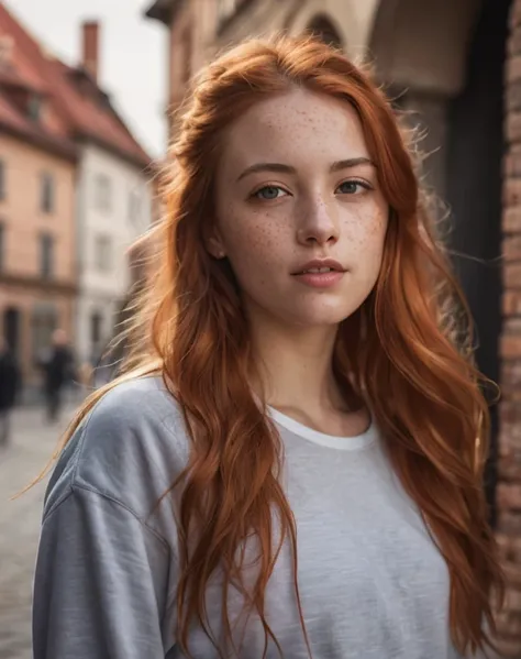 naughty woman with red hair and freckled face standing in front of a brick building, red haired young woman, a redheaded young woman, portrait of a red haired girl, infp young woman, woman with red hair, ginger hair with freckles, redhead woman, redhead gi...