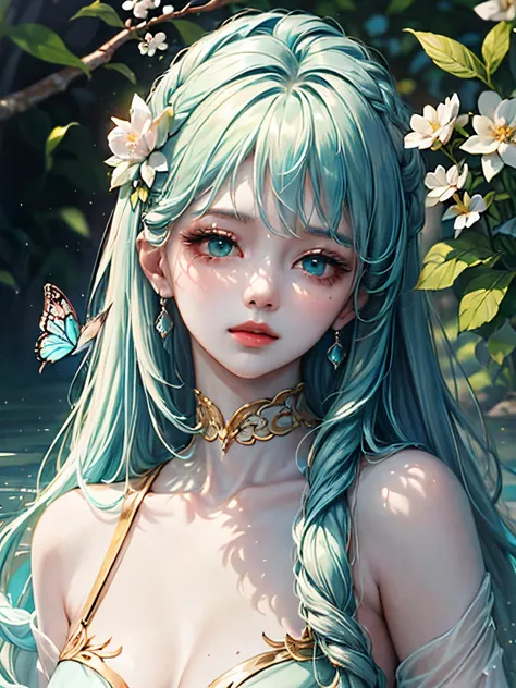 a beautiful girl with teal colored hair and butterflies in her hair, in the style of yanjun cheng, light emerald and white, fairycore, dark turquoise and light gold, delicate flowers, hyper-realistic water, light teal and white