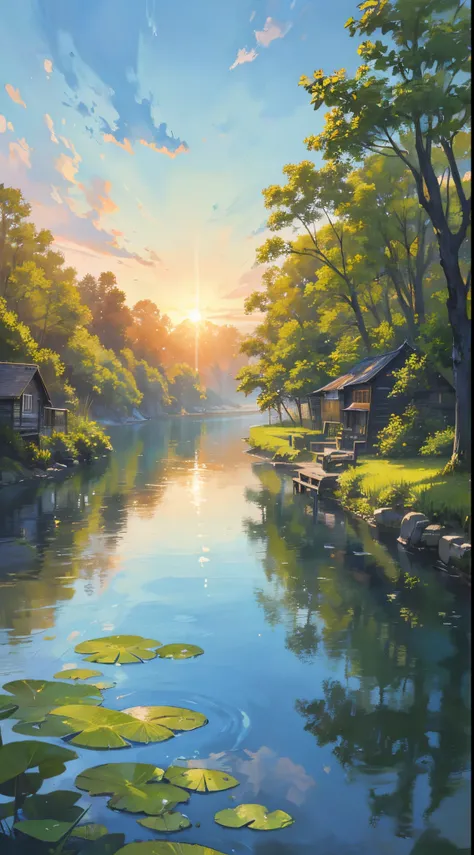 Impressionistic watercolor landscape revealing a rustic dwelling precariously nestled against a serene flowing river, as the declining sun births a variegated canvas in the sky and mirrors its brilliance on the surrounding foliage and tranquil water, quain...