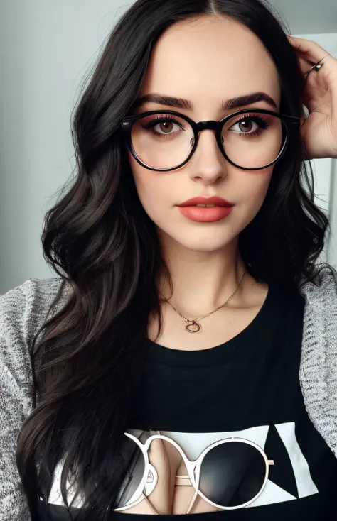 there is a woman with glasses black crop tshirt, big round glasses, girl with glasses, clear lips and high quality, RAW instagram ınfluencer