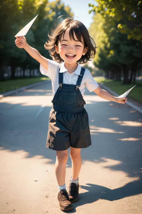 small child outdoors，portrait of a full body，5years old，((paper airplane))，happily laughing，great laughter，mini cute toddler，adorable digital art, overall coordination