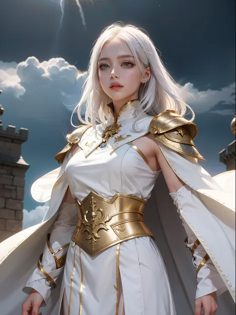 top-quality、​masterpiece、white  hair、Gold Eye、white  clothes、look up to、The upper part of the body、light skinned、Metalic armor combined with silk robes、Looking diagonally up、castle background、dramatic lightning、bokeh、glow