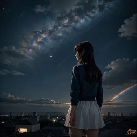 anime girl standing on the roof looking at the night sky with stars and rainbow, rainbow starry night, 4k anime wallpapers, anim...