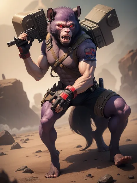 generate an image of a island full of angry purple monkeys with red eyes and they have guns while the usa military attacks them