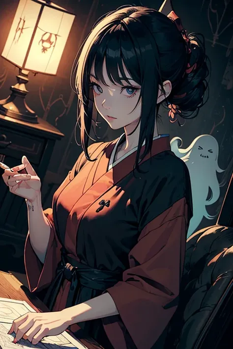 masterpiece, high resolution, ((Draft cartoon style)), ((wallpaper)), ((Diverse angles)), Comic Style Illustrations, (drawing style), Outline warm color, eerie, Woman with Japanese ghost, horror factor, (Distinctive hair style), (Creative accessories), (in...