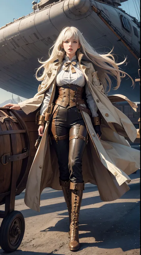 a steampunk-themed artwork featuring a beautiful woman as an intrepid airship captain, ready for adventure, platinum blonde hair, long bangs, award ribbon, military,  major, realistic, parted lips,  full body, wide shot, floating hair, wind