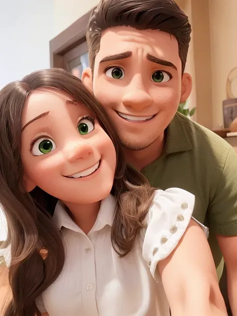 en un pareja tomandose una selfie ambos con una sonrisa tierna la chica tiene el cabello suelto y una   camisa blanca y el chico la esta abrazando de atras y tiene una polera color verde oscuro