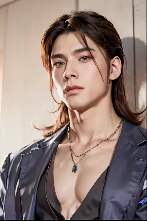 a close up of a person wearing a suit and a necklace, delicate androgynous prince, anime handsome man, handsome anime pose, beautiful androgynous prince, inspired by Zhang Han, handsome guy in demon slayer art, male anime style, pin on anime, kentaro miura...