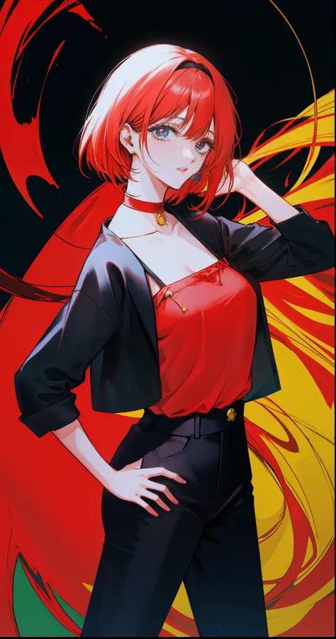 manga anime una mujer rubia hermosa,vestida con una camisa roja manga larga, black pant, corbata negra, oscuros,mirando hacia el...