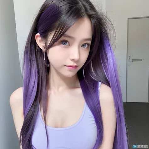 Long-haired ponytail　Purple hair　light blue and purple eyes　barechested　エロ　undergarment　femele