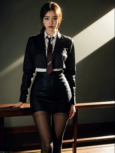 1girl,young girl, shiny skin,medium breasts,nice leg line:1.3, thin waist,school uniform, thighhighs,necktie,((pencil skirt)),looking at viewer,from below,full body, ( pantyhose:1.3),(The golden ratio figure),
masterpiece, best quality, best perspective, u...